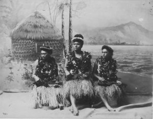 Native Hawaiian hula girls playing the ukulele popularize in the reign of King Kalakaua. Madeira Ukulele